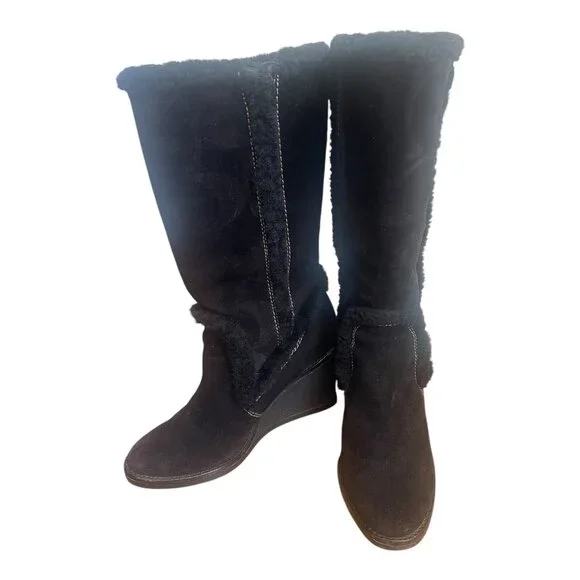 Coach Jordana Boots Women 6 M Black Suede Wedge Signature Logo Fur Trim Size 36